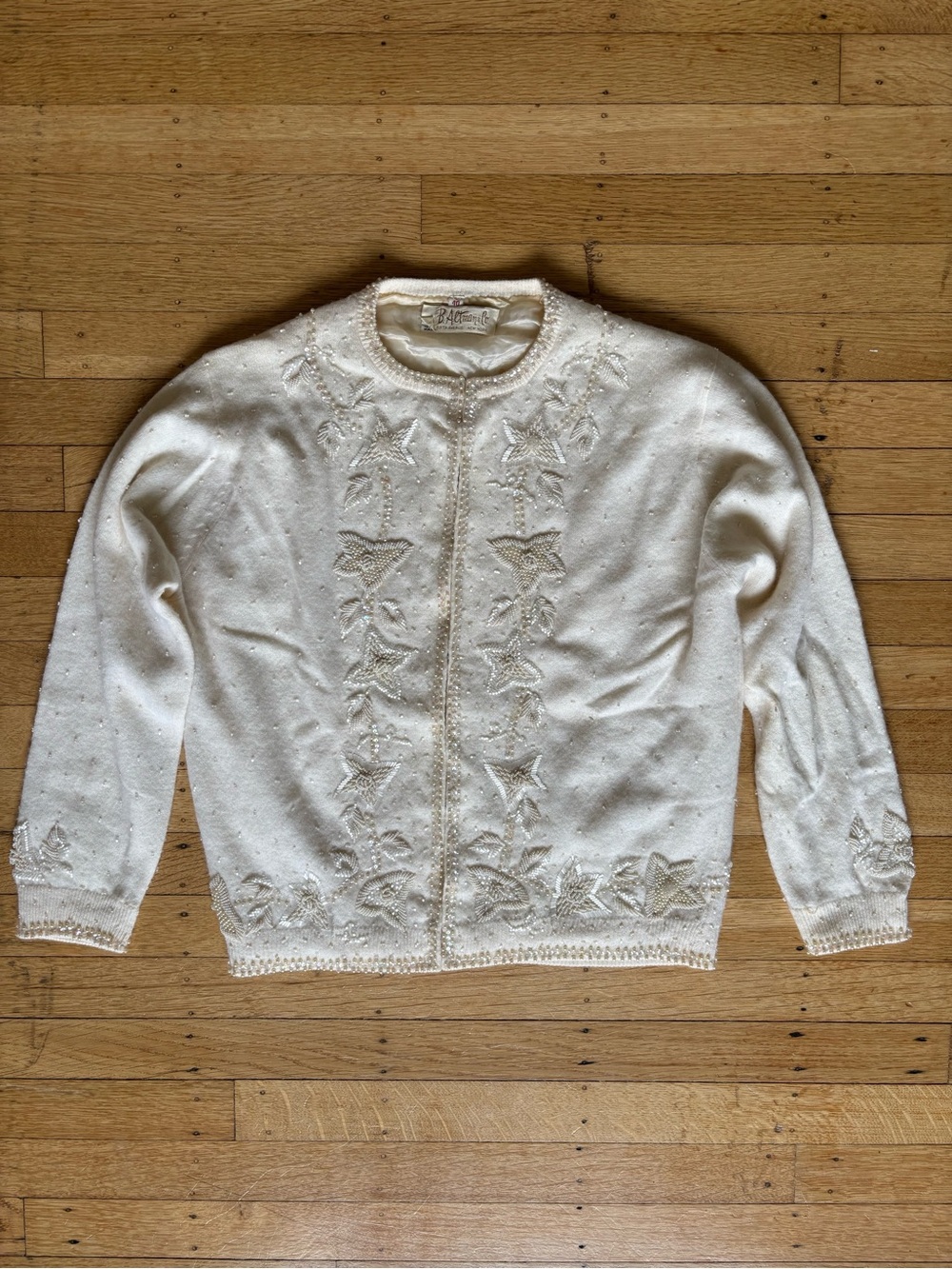 Vintage B Altman & Co 1940s to 1960s beaded cream cardigan, will fit size 4-8